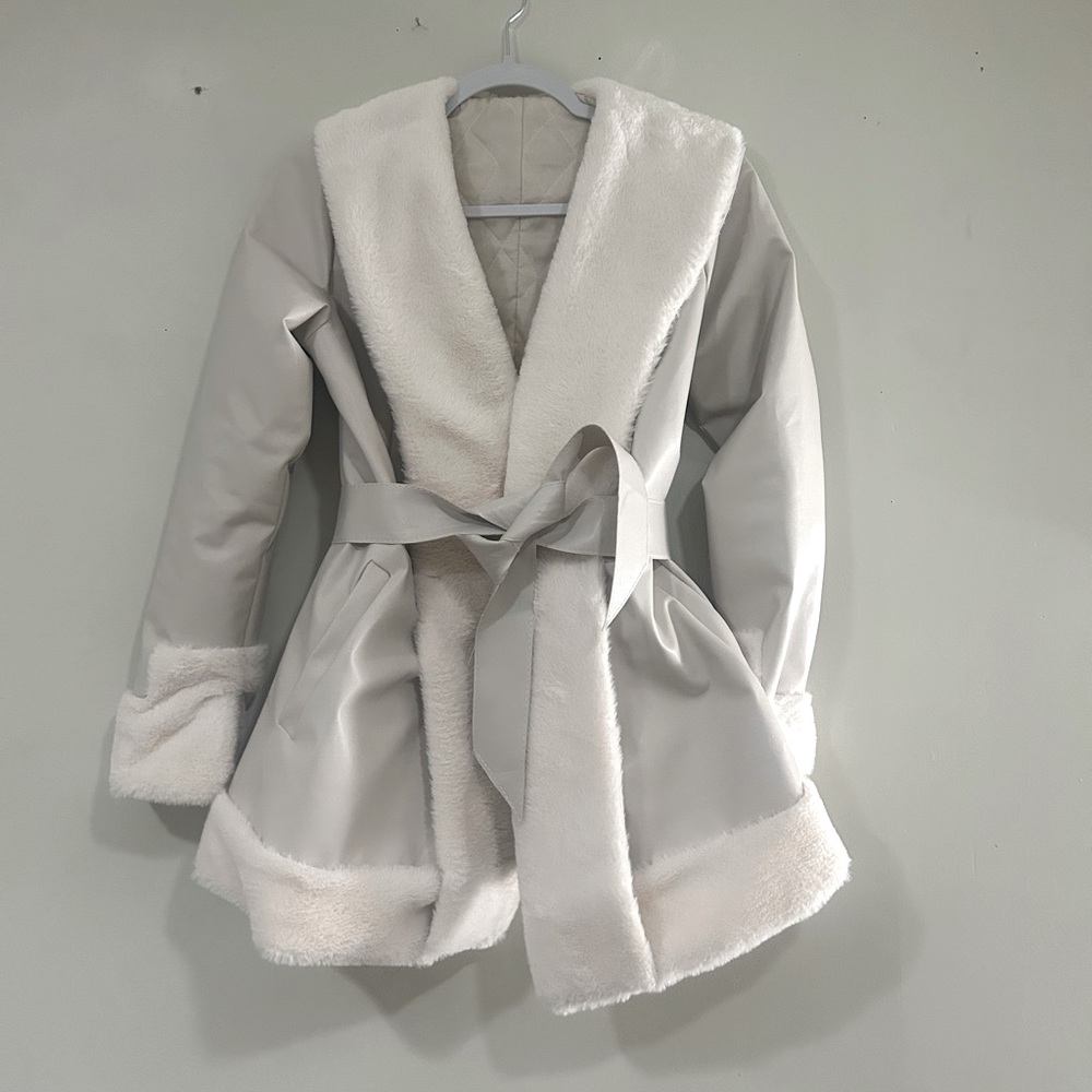 Short faux fur leather belted trench coat